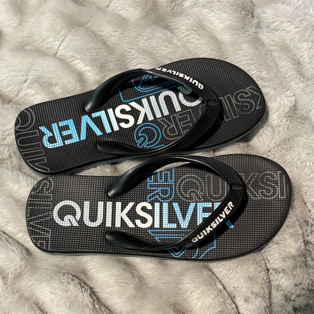 Quiksilver Black Flip Flops with Blue and White Logo